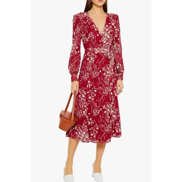 Reformation red floral wrap crepe midi dress WORN ON TV NEW - Picture 5 of 16
